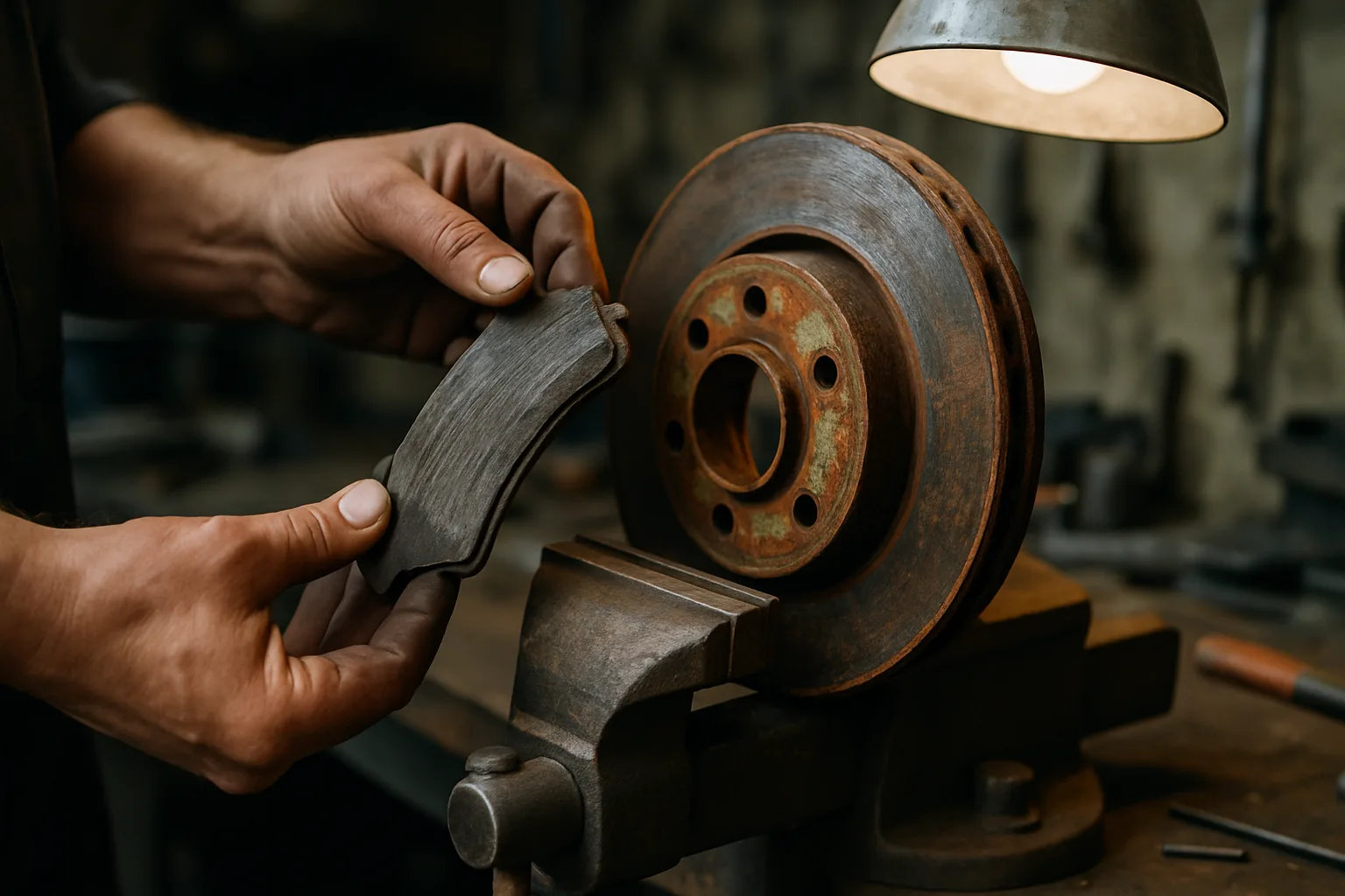 Worn brake pads displayed during inspection